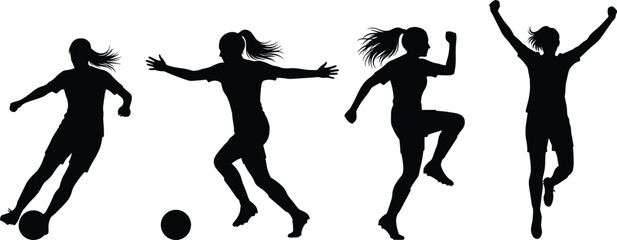 PrintSoccer player silhouette, female athlete kicking ball, running pose, celebration gesture, sports vector, black clipart, dynamic football movement