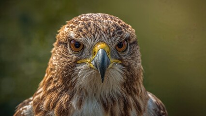 Close-up of a bird of prey with detailed feathers and intense eyes.