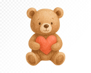 Fototapeta premium Cute watercolor teddy bear holding red heart, sweet romantic character illustration for valentine, wedding, nursery decor and gentle love celebration designs. Vector illustration.