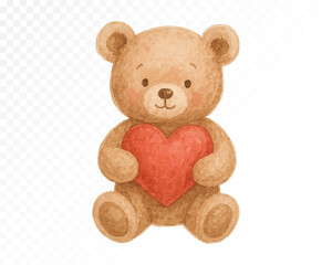 Naklejka premium Cute watercolor teddy bear holding red heart, sweet romantic character illustration for valentine, wedding, nursery decor and gentle love celebration designs. Vector illustration.