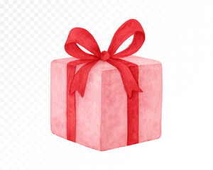 Obraz premium Pink watercolor gift box with red ribbon bow, festive present illustration for birthday, wedding, valentine and holiday celebration designs with soft painted texture. Vector illustration.
