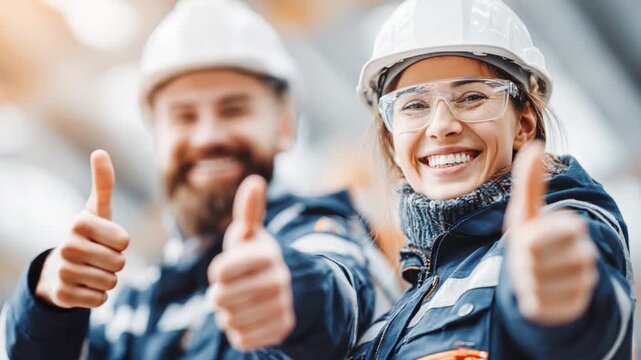 Thumbs Up for safety : Two construction workers, a man and a woman, display a thumbs up, symbolizing approval, positivity, and safety in a construction environment.