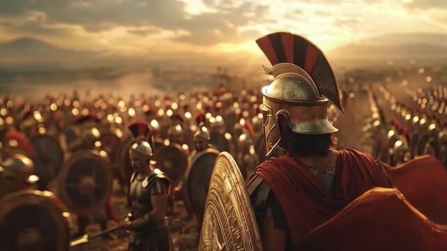 A majestic army of ancient warriors in armour and with spears prepares for battle at sunset, symbolising power and unity, which is ideal for a historical backdrop in a film or game.
