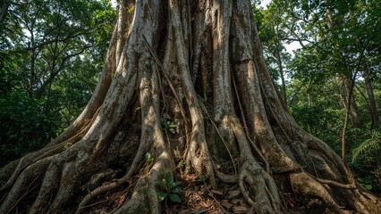Large tree roots and trunk in a dense forest scene.