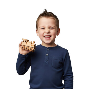 A playful 5-year-old boy holding a wooden toy train, making a 'choo-choo' face, perfect for children's product ads, birthday cards, parenting content, Isolated on transparent background.