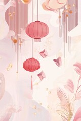 Obraz premium Chinese New Year background with red lanterns, floral ink wash and copy space; elegant festive design celebrating Asian tradition and the Spring Festival in a warm red-and-gold palette.