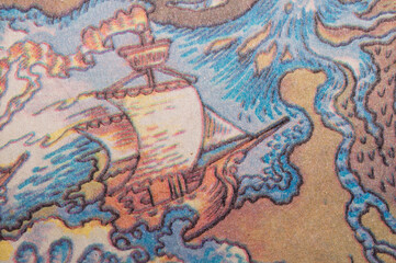 Vintage illustration of a sailing ship navigating rough seas on aged paper