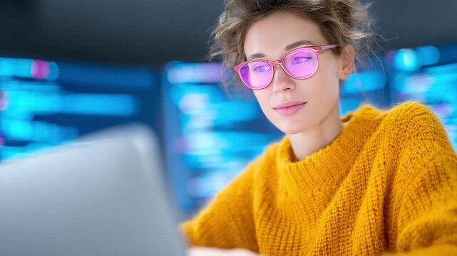 Focused Pursuit: A determined individual, adorned with glasses, engrossed in focused computer work. A captivating scene with technological elements, exuding a sense of intellect and dedication.
