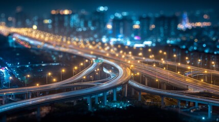 Nighttime Cityscape Featuring Dynamic Interchange with Illuminated Roads and Urban Skyline in the Background