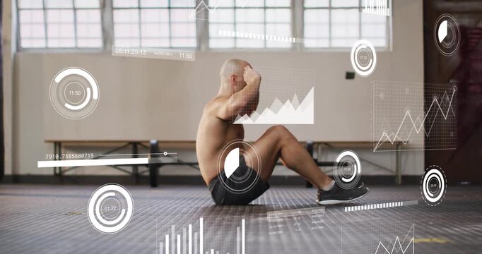 Male trainee contracting core to start rep, doing sit-ups for fitness, HUD gauges tracking progress