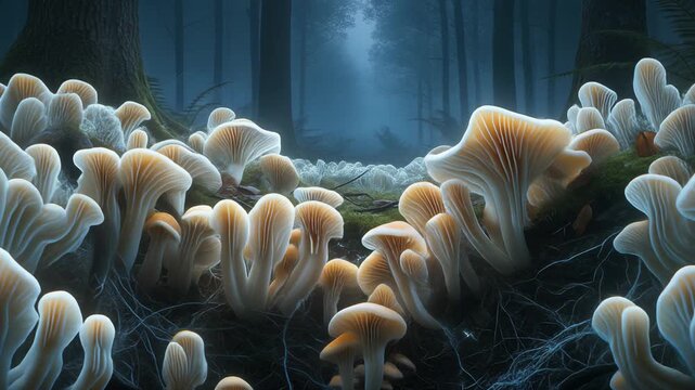 Cross section of underground mycelium network connecting forest roots