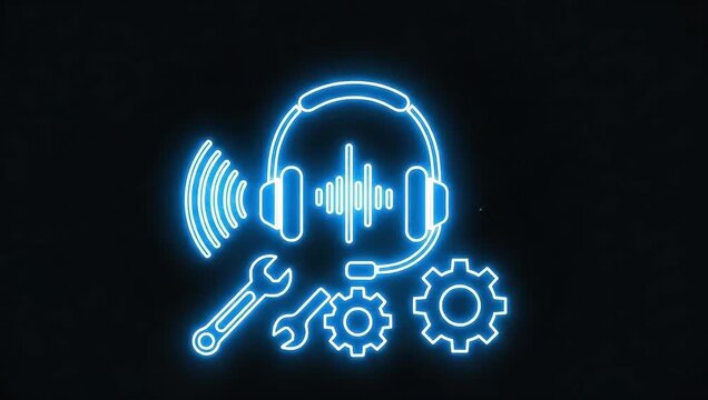 Glowing neon blue headset icon surrounded by technical support symbols and verification marks against a dark background representing digital audio service quality assurance