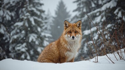 Naklejka premium A fox in the snow with evergreen trees in the background during winter. Wilderness and nature scene. Wildlife and animal habitat. The scene captures the natural environment of the fox.