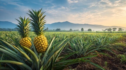 Fototapeta premium Golden ripe pineapples growing in lush tropical farmland with mountain sunrise scenery