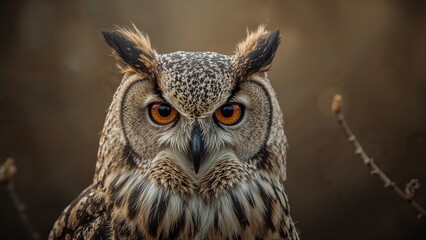 Close-up of an owl with striking orange eyes and intricate feather patterns, set against a blurred natural background.