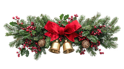 Christmas wreath with red berries, green holly leaves, and gold bells on a png transparent