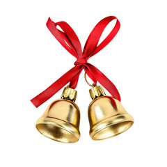 Two gold Christmas bells with red ribbons on a png transparent