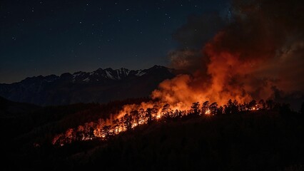Wildfire in the mountainous forest at night under a starry sky. Nature and disaster concept. Emergency and wildfire management. The concept of forest fire and environmental impact.