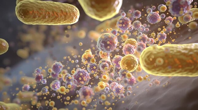 Conceptual scientific animation showing antibiotic molecules attacking and breaking bacterial cell walls, causing bacteria to weaken and disintegrate. Clear medical and microbiology visualization.
