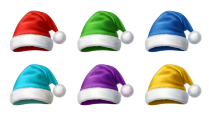 An icon set of santa claus hats of different colors.