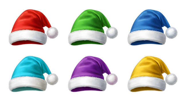 An icon set of santa claus hats of different colors.