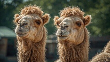 Fototapeta premium Two camels with expressive faces, one winking, in a natural outdoor setting with greenery in the background.