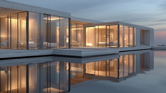 Modern Luxury Home with Infinity Pool Reflecting in Calm Water at Dusk