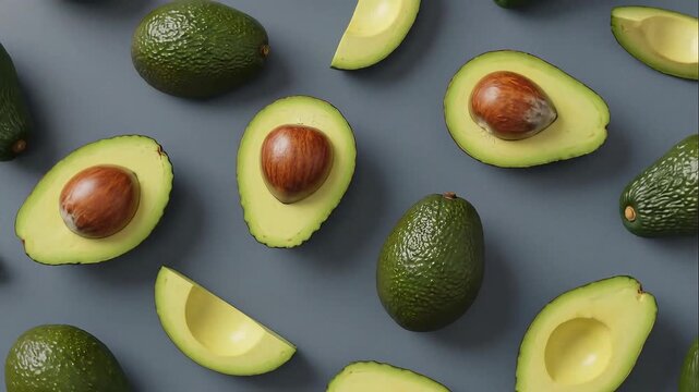 Avocado Pattern Fresh Green Fruit and Halves on Gray.