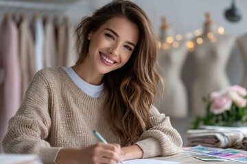 a woman fashion designer is working on her design in the studio. she smiles and looks at drawing paper with white markers