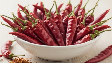 A white bowl full of vibrant red chili peppers on a light wooden table