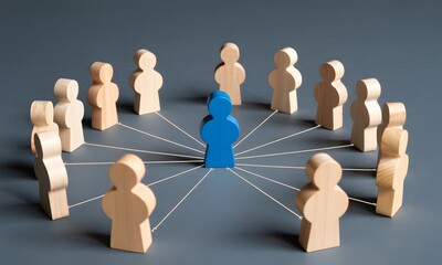 Central blue figure connected to wooden figures in circle