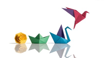 Origami paper figures rose, boats, crane, and bird in sequence