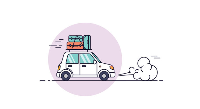 Stylized illustration of a white compact car carrying luggage on the roof as it speeds along a road with motion lines and a soft purple circular backdrop.