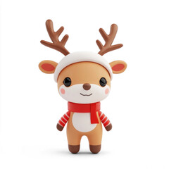 Fototapeta premium A cute, cartoonish reindeer with a red scarf and white hat, standing png transparent