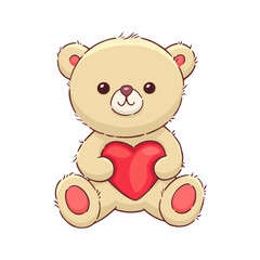 Off-white teddy bear with heart. Cute cartoon stuffed toy. Sweet love gift - cream color teddy bear holding red heart. Valentines day greeting. Kawaii vector illustration isolated on white background.