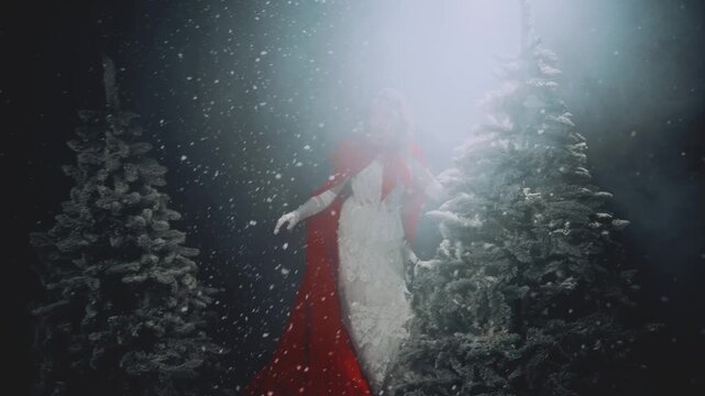 Mystery gothic woman running through dark night forest fairy tale tree winter cold nature snow falling. Fantasy girl back rear view long red cape white dress hood. magic moon light fog. Lady queen 4k
