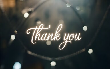 Neon thank you sign glowing text, white cursive script typography on dark blurred bokeh background, abstract night atmosphere light bubbles, gratitude concept for card, banner, social media, web.
