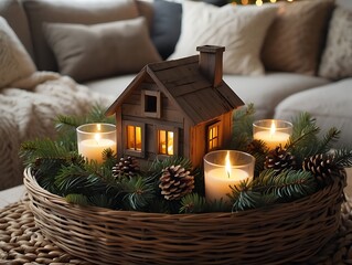 Cozy wooden house advent wreath with candles