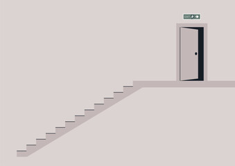 Stairway leading to an exit door with a clear sign, inviting a journey toward freedom and new beginnings in a minimalist setting