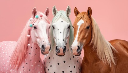 A trio of uniquely colored horses in pink, spotted white, and chestnut, standing together