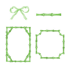 Green frame set of watercolor bamboo stems, border for the design and decoration of banners, invitations, and postcards.