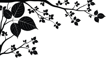 Black and White Corner Tree Branch and Leaf Silhouette Vector Illustration, Nature Decorative Element, Abstract Floral Design for Print, Web, or Wallpaper Background