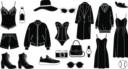 Black and White Fashionable Female Wardrobe Essentials, Accessories, and Lifestyle Items Vector Illustration Collection; Modern Woman's Clothing, Shoes, Hats, Sunglasses, Bags, and Gadgets Set.