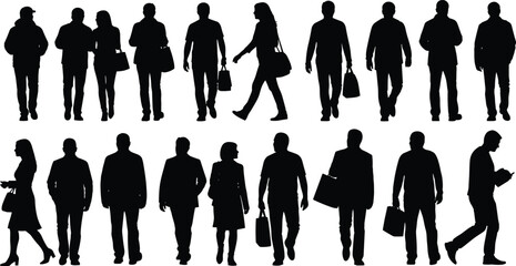 Black silhouette vector illustration of a diverse group of people walking, standing, and shopping with bags, 