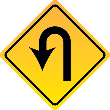 Yellow diamond u-turn traffic sign black arrow indicating a sharp turn back isolated on white background for road safety and navigation concepts