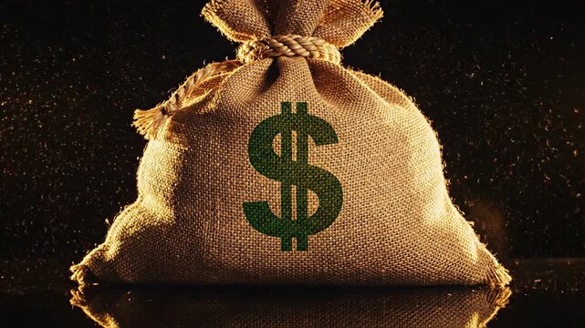 A close-up of a tied burlap sack displaying a dollar sign.
