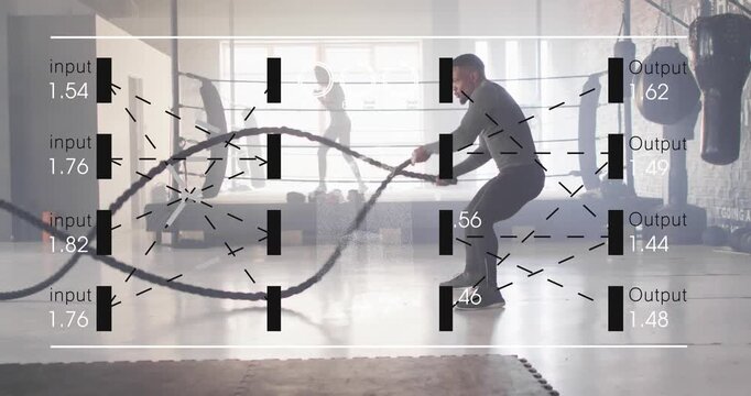 Fitness athlete doing battle ropes in gym, driving legs building power as overlay reacting to waves