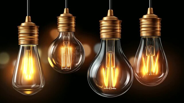 Vintage light bulbs set isolated on transparent background, vector realistic illustration of different shape glass lamps with filament inside hanging on black wire, warm LED light