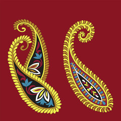 two paisley designs on a red background