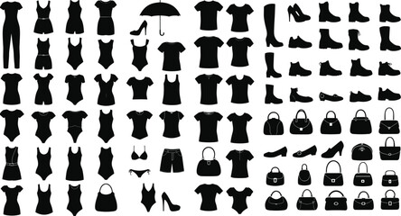 Collection of Black Silhouettes Outfits and Accessories for Women, Including Clothing, Shoes, Bags, and Swimwear, Perfect for Fashion Design Mockups and E-commerce Vector Graphics